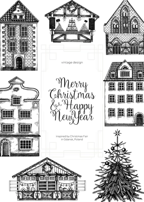 Merry Christmas card template. Architecture sketch. Christmas fair flyer. Hand-drawn vector illustration.NOT AI generated